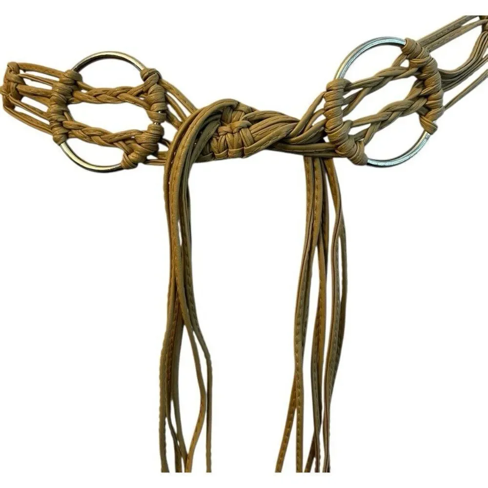 Tan Faux Leather Knotted Rope Waist Belt Round Silver Metal Rings Long Strands